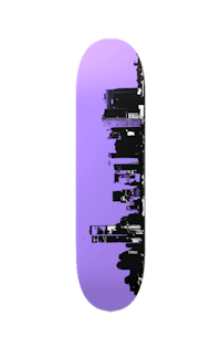 a skateboard with a city skyline on it