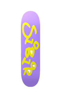 a purple skateboard with yellow writing on it