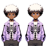 two anime characters wearing purple jackets with skeletons on them