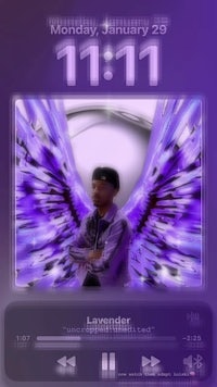 a purple screen with a picture of a man with wings